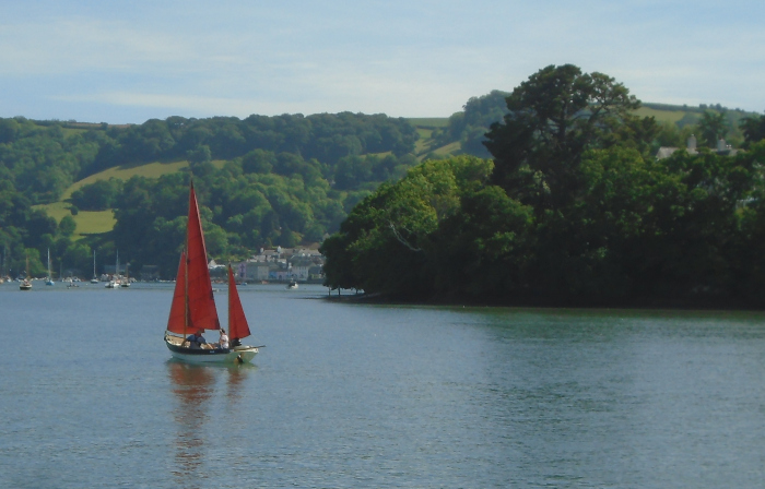 red sails on the River Dart near Dartmouth, june, 2019